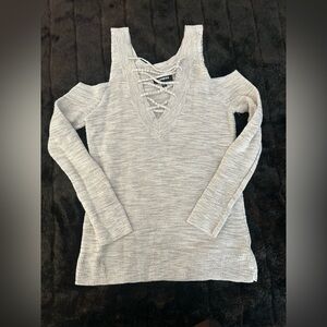 Express Gray Lace-Up Cold Shoulder Knit Sweater XS | V-Neck Long Sleeve